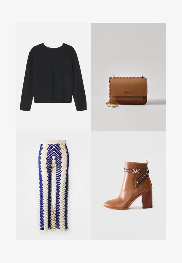 Juodas megztinis ilgomis rankovėmis, su apvaliame iškirpime ir šiek tiek trumpesniu apvadu. Pagamintas iš minkštos medžiagos, priekyje turi subtilų logotipą.; Nertiniai plačių kojų kelnių modeliai kreminės ir tamsiai mėlynos spalvos, su geometriniu raštu, elastingu liemeniu ir atvirais tekstūros elementais.; Ruda odinė kulkšninė batai su sluoksniuoto blokinio kulno, šonine dirželiu su auksiniais skaidriomis ir auksiniu "MK" logotipo sagtimi.; Ruda tekstūruota odinė per petį nešama rankinė su auksiniu grandininiu dirželiu ir užlenkiamo užsegimo. Priekinėje pusėje yra logotipo detalė ir kišenė po užlenkimu.
