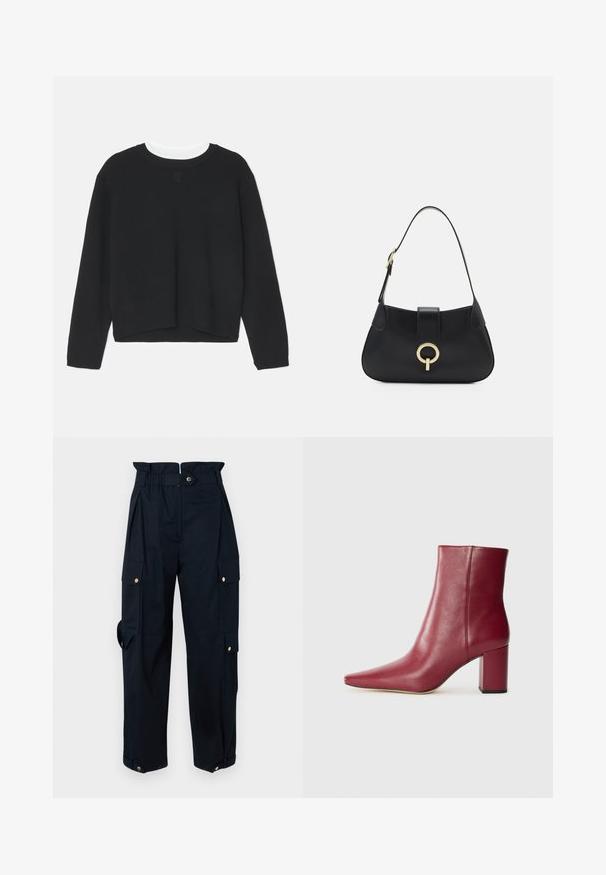 Svart sweatshirt med långa ärmar, rundad halsringning och en något beskuren fåll. Tillverkad av mjukt material, med en diskret logotypdetalj på framsidan.; Mörkblå cargo-byxor med hög midja, flera sidofickor och guldfärgade detaljer. Tillverkade av ett slitstarkt tyg med en mjuk yta.; Burgundy läderankelboot med spetsig tå, klack av blocktyp och slät textur, med en sömlös design utan synlig hårdvara.; Svart läderhandväska med en böjd silhuett, kort rem, centrala detaljer i guldton och slät textur. Inga synliga mönster eller accenter.