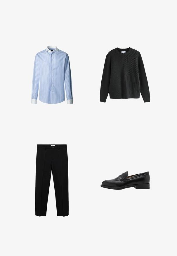 Zwarte lange mouwen trui met gemengde breipatronen, waaronder chevron, vlechtweef en ribbeltexturen op de voorkant en mouwen.; Lichtblauw gestreept overhemden met een witte kraag en manchetten. Kenmerkt zich door een knoopsluiting aan de voorkant en lange mouwen, gemaakt van geweven stof.; Zwarte op maat gemaakte broek met een rechte pasvorm, voorzien van een enkele knoopsluiting, ceintuurlussen en voorzijden plooien. Gemaakt van een gladde stof.; Zwarte leren instappers met een gestikte voorkant en een platte hak. Glad van textuur met een ronde neus en een decoratieve band over de wreef.