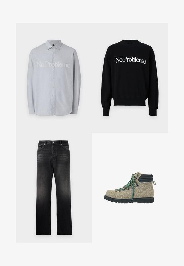 Tricou negru cu guler rotund, prezentând text alb „NoProblemo” pe piept. Mâneci și tiv ribbate, textură de stofă moale.; Cămașă cu dungi albastre deschise, cu mânecă lungă și guler cu nasturi, având un text proeminent alb "No Problemo" pe față.; Jeans negri din denim cu o croială dreaptă, având un efect de gradient estompat, design cu cinci buzunare și accente din metal.; Boot de drumeție din material texturat bej, cu șireturi verzi și bej, guler căptușit negru pentru gleznă și talpă groasă, rezistentă și neagră.