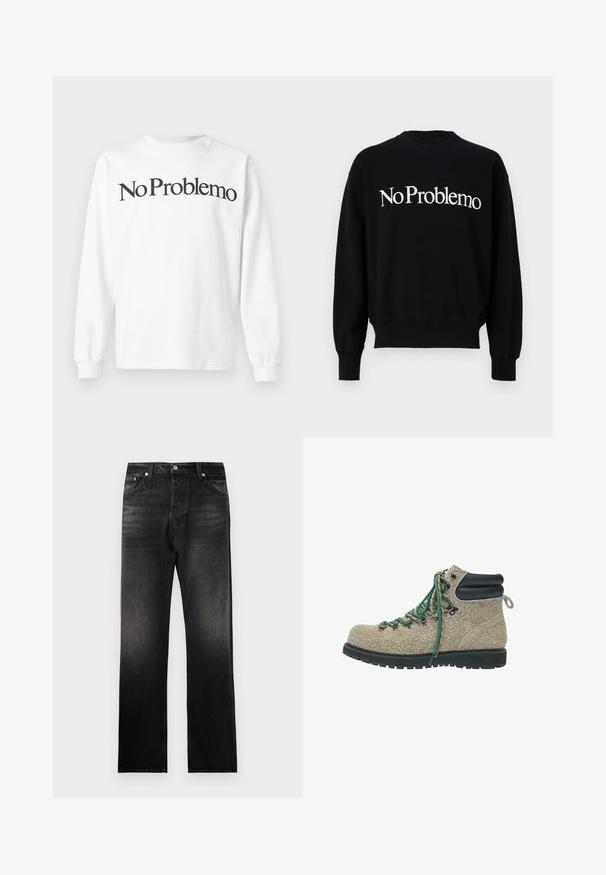 Black sweatshirt, crew neck, featuring white text “NoProblemo” across the chest. Ribbed cuffs and hem, soft fabric texture.; White long-sleeve t-shirt made of cotton with black text "No Problemo" printed across the chest. Simple design with crew neck and ribbed cuffs.; Black denim jeans with a straight leg fit, featuring a faded gradient effect, five-pocket design, and metal hardware accents.; Hiking boot in beige textured material with green and beige laces, black padded ankle collar, and thick black rugged sole.