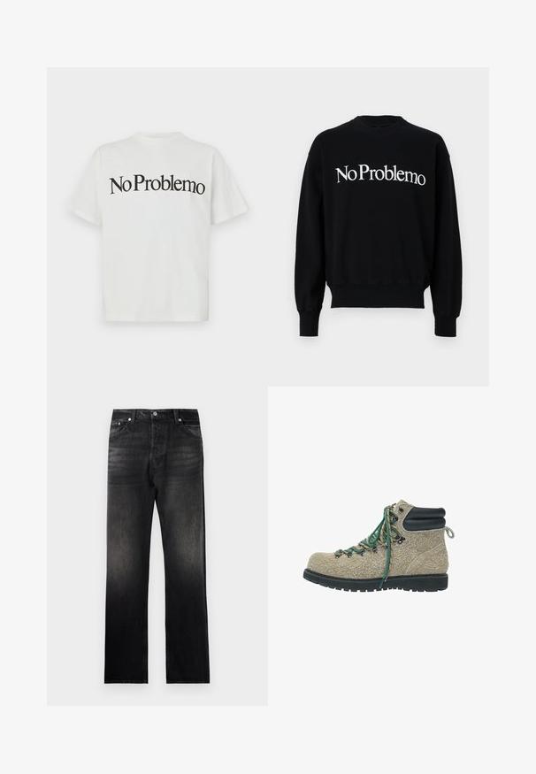 Schwarzer Sweatshirt, Rundhalsausschnitt, mit weißem Text "NoProblemo" auf der Brust. Gerippte Bündchen und Saum, weicher Stoff.; Weißes T-Shirt aus Baumwolle mit kurzen Ärmeln und Rundhalsausschnitt. Auf der Vorderseite befindet sich schwarzer Text in einer fetten, geschwungenen Schrift, der "No Problemo" lautet.; Schwarze Jeans mit geradem Bein, die einen verblassten Farbverlauf aufweisen, eine Fünf-Taschen-Design haben und mit Metallakzenten versehen sind.; Wanderschuh aus beigem Textilmaterial mit grünen und beigen Schnürsenkeln, schwarzem gepolstertem Knöchelkragen und dicker, schwarzer, robuster Sohle.