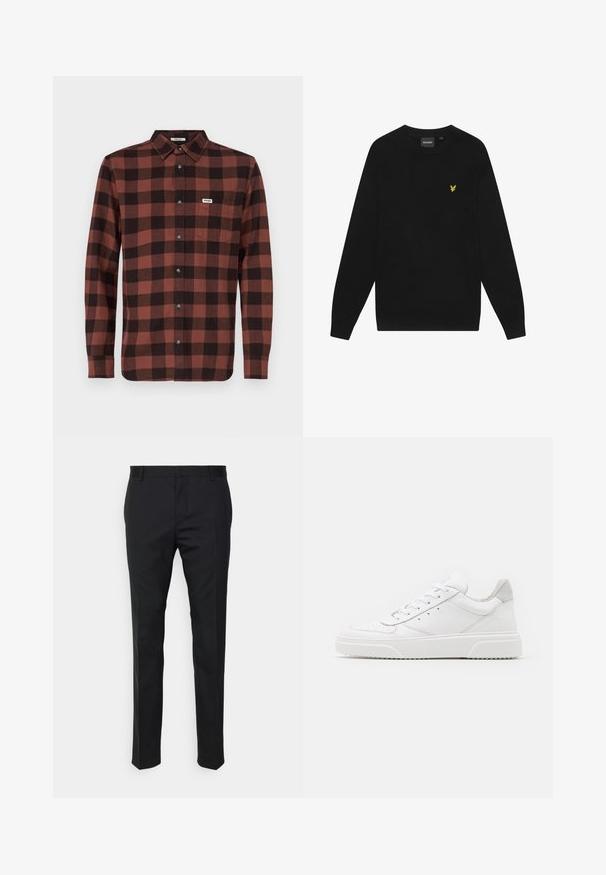 Sudadera de algodón negra con mangas largas y cuello redondo. Cuenta con un pequeño logo de águila amarilla en el pecho. Textura suave.; Camisa de manga larga a cuadros rojos y negros, hecha de algodón, con cuello abotonado, botonera completa y un bolsillo en el pecho con logo.; Pantalones negros ajustados con corte recto, hechos de tejido suave. Presentan trabillas y detalle de pliegue en la parte frontal.; Zapatillas de cuero blanca con un acabado suave, punta redondeada, cordones planos y una suela texturada. Acento de ante gris en el talón.