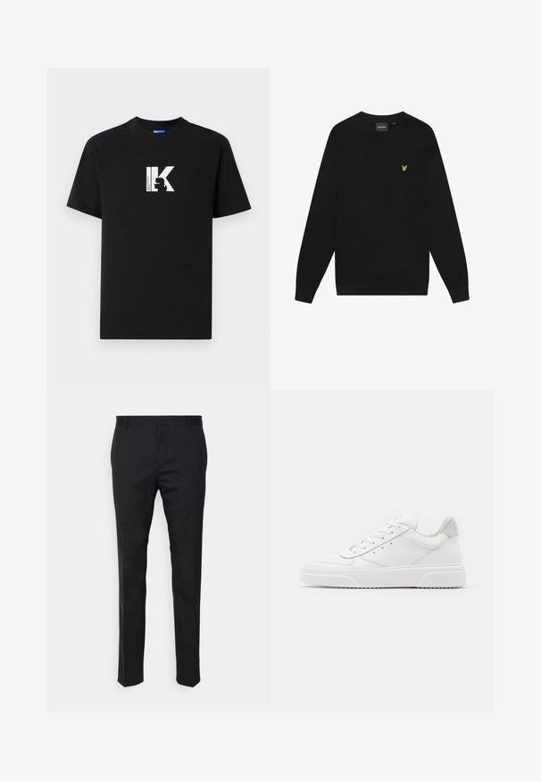 Sudadera de algodón negra con mangas largas y cuello redondo. Cuenta con un pequeño logo de águila amarilla en el pecho. Textura suave.; Camiseta de algodón negra con un atrevido logo gráfico en blanco que presenta las letras "IK" y un diseño en silueta en la parte frontal. Corte regular.; Pantalones negros ajustados con corte recto, hechos de tejido suave. Presentan trabillas y detalle de pliegue en la parte frontal.; Zapatillas de cuero blanca con un acabado suave, punta redondeada, cordones planos y una suela texturada. Acento de ante gris en el talón.