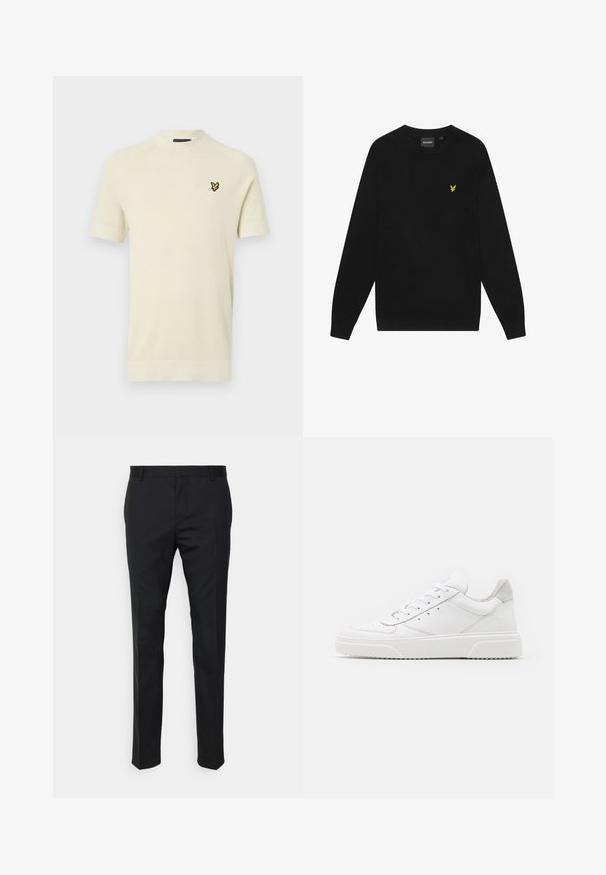 Svart bomullssweatshirt med lange ermer og rund hals. Har en liten gul ørn-logo på brystet. Myk tekstur.; Kortermet, lys kremfarget strikket genser med ribbestrikket rund hals og gult brodert logo på venstre bryst. Strukturert stoff.; Svarte skreddersydde bukser med rett passform, laget av glatt materiale. Har beltehemper og pressfolddetaljer foran.; Hvite skinnsko med en glat overflate, rund tå, flate lisser og teksturert såle. Grå semsket innfelt ved hælen.