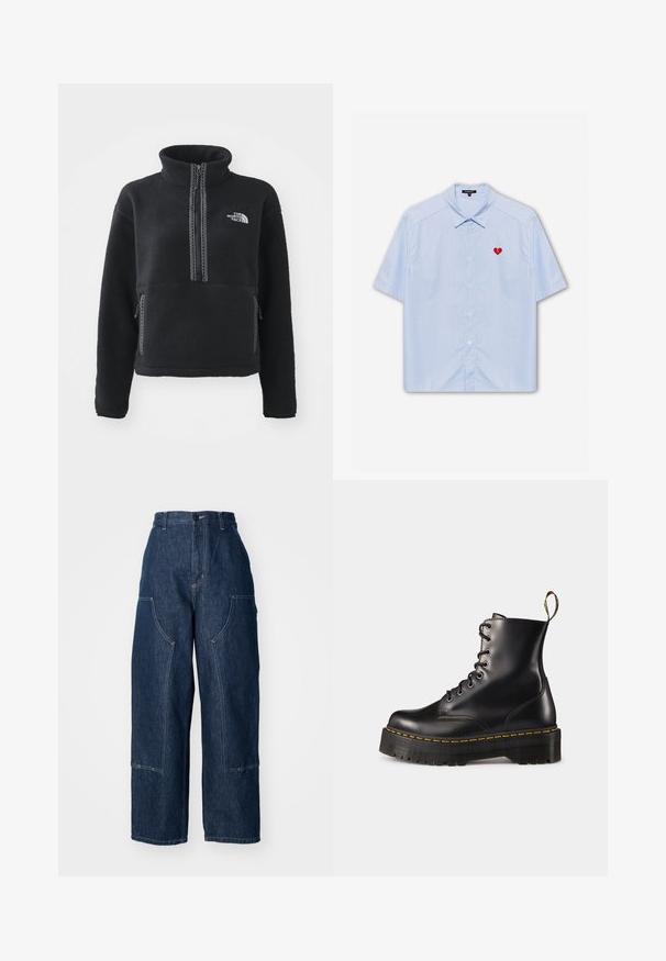 Crni flis pulover s visokim kragnom, prednjim zatvaračem, dva bočna دžepa i bijelim izvezenim logotipom na prsima. Tekstura tkanine.; Košulja kratkih rukava u svijetloplavoj prugastoj tkanini, s crvenim zakrpom u obliku srca na lijevoj strani prsnog koša. Klasičan ovratnik i opušteni kroj.; Tamno plave traperice s visokim strukom i širokim nogavicama, s dva bočna džepa, kontrastnim narančastim šavovima i čistim rubovima.; Crne kožne čizme s vezanjem do članka, s debelim crnim potplatom i žutim šavom. Imaju traku za povlačenje na stražnjoj strani i okrugle metalne rupice.