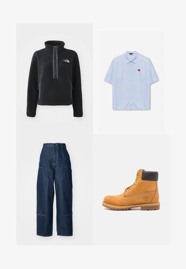Zwart fleece sweatshirt met hoge kraag, rits aan de voorkant, twee zijzakken en wit geborduurd logo op de borst. Getextureerd materiaal.; Korte mouwen overhemd met knopen in lichtblauwe gestreepte stof, met een rode hartpatch op de linker borst. Klassieke kraag en een ontspannen pasvorm.; Donkerblauwe high-waisted denim broek met wijde pijpen, twee zijzakken, contrasterende oranje stiksel en een schone zoomlijn.; Bruine leren enkelboot met zwarte voering, gouden oogjes en een gestructureerde zool. Kenmerkt zich door een cirkelvormig logo aan de zijkant en stikselaccenten.