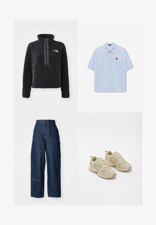 Sudadera de forro polar negra con cuello alto, delantero con cremallera, dos bolsillos laterales y logo bordado en blanco en el pecho. Tejido texturizado.; Camisa de botones de manga corta en tejido a rayas azul claro, con un parche de corazón rojo en el lado izquierdo del pecho. Cuello clásico y corte relajado.; Pantalones de mezclilla de tiro alto en azul oscuro con pierna ancha, dos bolsillos laterales, costuras en contraste en color naranja y un dobladillo limpio.; Zapatillas deportivas beiges con parte superior de malla, acentos texturizados y suela de goma. Presenta un logotipo prominente en el lateral y un cierre con cordones.