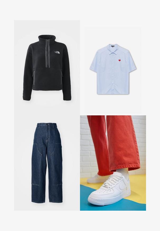 Pulover negru din fleece cu guler înalt, față cu fermoar, două buzunare laterale și logo brodat alb pe piept. Material texturat.; Cămașă cu mânecă scurtă, cu nasturi, dintr-un material în dungi de culoare albastru deschis, prezentând un patch în formă de inimă roșie pe partea stângă a pieptului. Guler clasic și croială lejeră.; Pantaloni din denim de culoare albastră închisă, cu talie înaltă și picioare largi, două buzunare laterale, cusături portocalii în contrast și o margine curată.; Tenis alb din piele cu fanta pe vârful piciorului, talpă texturată și șireturi albe, purtat cu pantaloni larga roșii și un fundal albastru și galben.