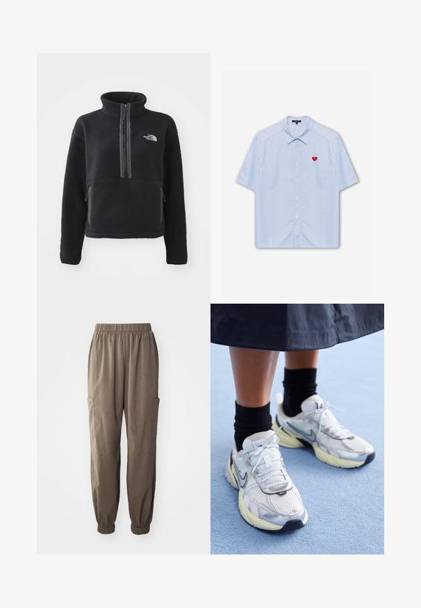 Melnā flīsa virsjaka ar augstu apkakli, rāvējslēdzēja priekšpusi, divām sānu kabatām un balto izšuvumu uz krūtīm. Strukturēta auduma.; Kreklu ar īsām piedurknēm gaiši zilā svītrainā audumā, kuram kreisajā krūtī ir sarkans sirds uzlīme. Klassiskā apkakle un brīva piegriezuma dizains.; Brūni brīvi pieguļoši kravas bikses, ar elastīgu jostu, savilktiem piedurknēm un sānu kabatām funkcionalitātei.; Baltie un sudraba Nike kedas ar tīkla audumu, atstarojošiem akcentiem un bēša zoli. Valkātas ar melnām zeķēm, stāvot uz zilas virsmas.