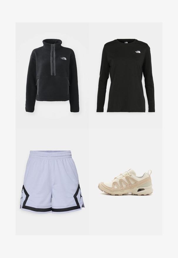 Must siisakate, millel on kõrge krae, lukuga ees, kaks küljetaskut ja valge brodeeritud logo rinnal. Tekstureeritud kangas.; Must mustahiheline T-särk, millel on pikad varrukad, valmistatud puuvillast ja ümarast kaelusest. Vasakul rinnal on väike valge logo. Lihtne disain ja sobivus.; Heledad lilla spordilühikesed püksid tekstuuriga kangast, mustade detailidega, elastse vöökoht ja külgedel lõhikute jaoks, et suurendada liikumisvabadust.; Beež ja koobalti spordijalats tekstureeritud võrkkattega, toetavad ülemised kihid ja kummist tallaga, millel on mustriga joonistus haardeks.