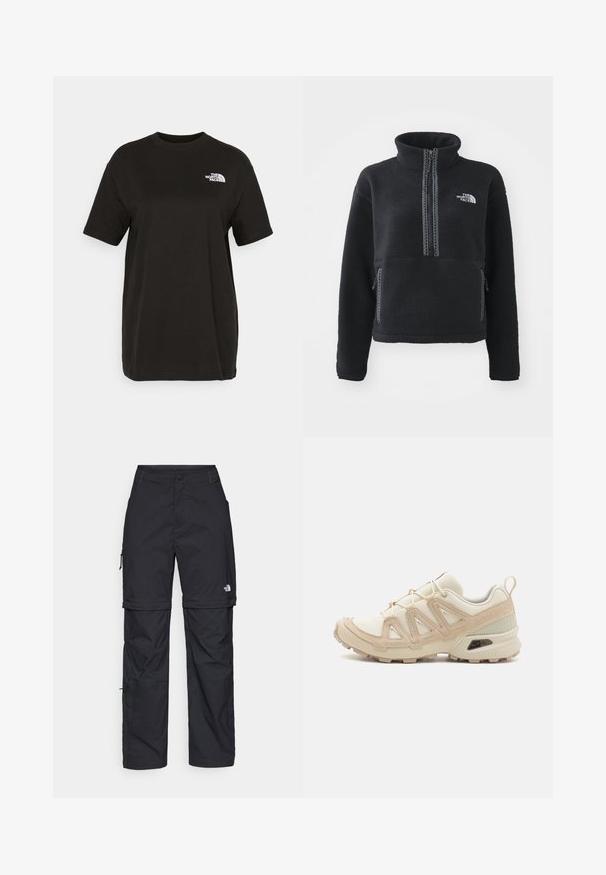 Čierny fleecový pulóver s vysokým golierom, zipsom vpredu, dvoma bočnými vreckami a bielou vyšitou logom na hrudi. Štruktúrovaná tkanina.; Čierne bavlnené tričko s krátkymi rukávmi, okrúhlym výstrihom a malým bielym logom na ľavej hrudi. Hladká textúra, uvoľnený strih.; Čierne nylonové cargo nohavice s odnímateľnými nohavicami, nastaviteľnými manžetami, viacerými vreckami a logom na pravej nohe. Hladká, ľahká textúra.; Beige a krémová športová obuv s textúrovaným sieťovým zvrškom, podporujúcimi prekrytiami a gumovou podrážkou s dezénom pre trakciu.