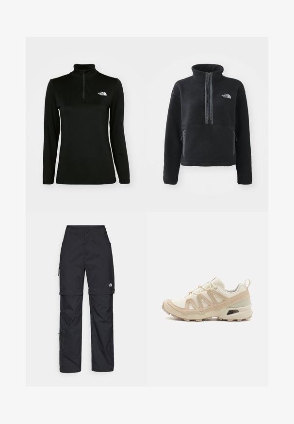 Črn flis pulover z visokim ovratnikom, zadrgo spredaj, dvema stranskima žepoma in belim vezenim logotipom na prsih. Teksturna tkanina.; Črn pulover z dolgimi rokavi, visokim ovratnikom in četrt-zip zapiranjem, izdelan iz gladkega materiala, z belim logotipom na levem prsnem delu.; Črne najlon hlače z zipom, ki se lahko odstranijo, s prilagodljivimi manšetami, več žepi in logotipom na desni nogi. Gladka, lahka tekstura.; Bež in krem športni čevlji z teksturiranim mrežastim zgornjim delom, podpornimi prekrivali in gumijastim podplatom z vzorcem za oprijem.