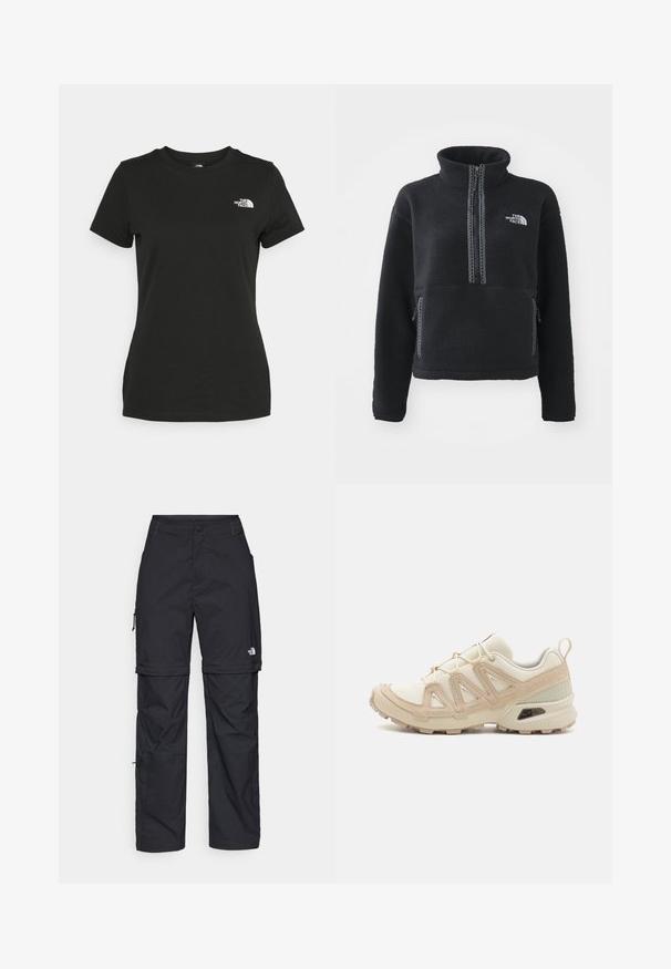 Melnā flīsa virsjaka ar augstu apkakli, rāvējslēdzēja priekšpusi, divām sānu kabatām un balto izšuvumu uz krūtīm. Strukturēta auduma.; Melnas kokvilnas T-krekls ar apaļu kakla izgriezumu un īsām piedurknēm. Ievērojams balts logo kreisajā augšējā pusē. Gluda tekstūra, brīvā piegriezumā.; Melni nailona bikses ar noņemamām kājām, regulējamiem uzmavām, vairākām kabatām un logotipu uz labās kājas. Gluda, viegla tekstūra.; Beige un krēma sporta apavi ar strukturētu tīkla virsmu, atbalstošajiem slāņiem un gumijas zoli ar protektoru rakstu, kas nodrošina saķeri.