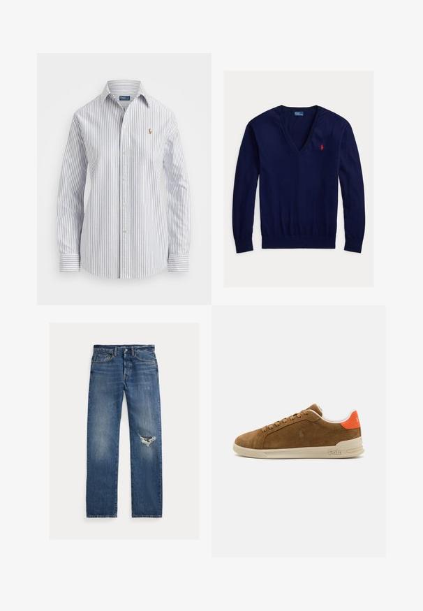 Navy v-neck sweater made of soft knit material, featuring ribbed cuffs and hem, with a small red logo on the chest.; Striped button-up shirt in light blue and white, featuring a soft fabric, classic collar, and embroidered logo on the chest.; Blue denim jeans with a straight-leg fit, featuring a distressed area on the left knee and subtle fading throughout the fabric.; Brown suede sneaker with a cream rubber sole, featuring orange accents at the heel and a small logo detail on the side.