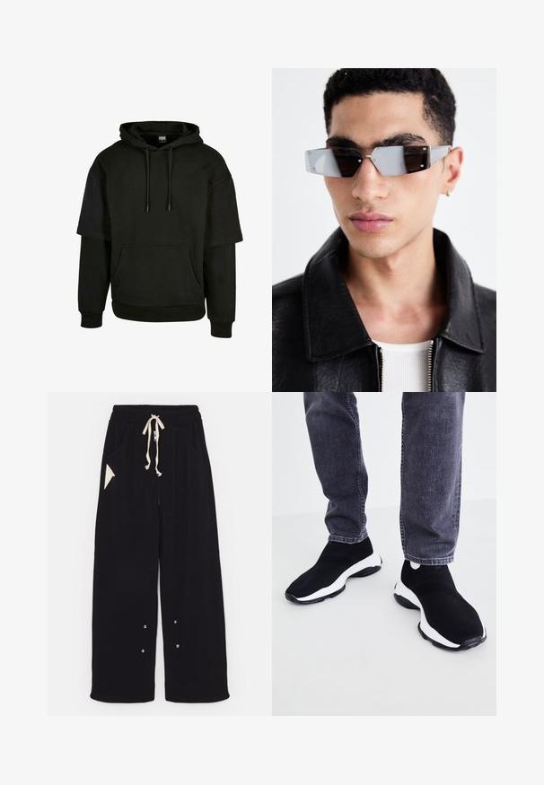 Haut à capuche noir avec poche kangourou, cordon de serrage, et manches courtes avec des éléments de design étendus. Fabriqué en tissu doux et texturé.; T-shirt noir à manches courtes en coton, avec un col rond et une coupe décontractée. Texture lisse avec des détails de couture minimalistes.; Pantalons larges noirs en tissu doux avec une taille à cordon, poches latérales et une poche d'accent en forme de triangle. Détails en métal argenté inclus.; Des baskets noires et blanches à enfiler avec un dessus en maille texturée, un bout rond et une semelle en caoutchouc noire, assorties à un jean foncé.; Lunettes de soleil grises angulaires avec des détails en argent, sur un fond clair. Les verres présentent une forme géométrique unique.