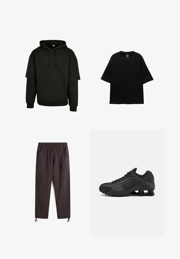 Svart hoodie med känguruficka, dragsko på huvan och korta ärmar med förlängda designinslag. Tillverkad av mjukt, texturerat tyg.; Svart kortärmad T-shirt i bomull med rund halsringning och avslappnad passform. Slät textur med minimala sömnadsdetaljer.; Mörkbruna, lätta byxor med elastisk midja, två sidofickor, tapered ben och justerbara dragsko i bensluten.; Svarta löparskor med en slät syntetisk ovandel, perforerade detaljer, texturerade sidopaneler och en distinkt fjädrande sula.
