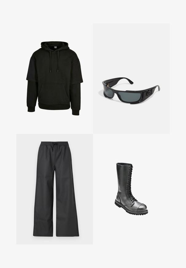 Svart hettegenser med kengurulomme, snorhette og korte ermer med utvidede designelementer. Laget av myk, teksturert stoff.; Han Kjøbenhavn RELAXED TRACK TROUSERS - Bukse - black; Sorte svarte lær lace-up kamp støvler med høy skaft, rund tå, polstret krage og teksturert gummisåle for bedre grep.; Solbriller med ramme i svart plast, grå linser, omsluttende design, sideaksenter og logo-detalj på brillestangen.