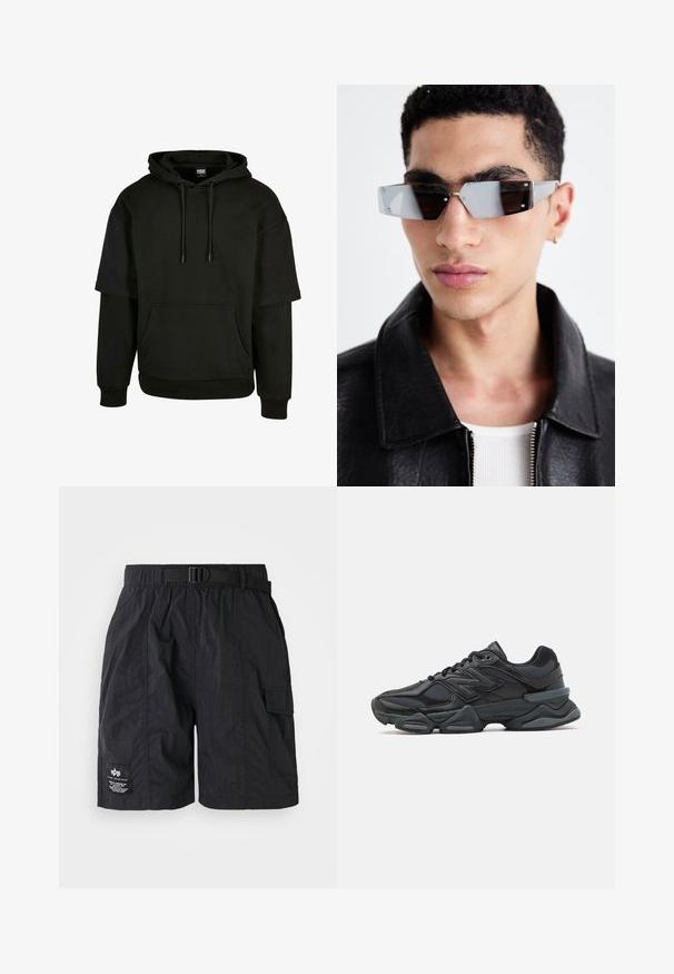 Melna kapuce ar kanguru kabatu, saistošā kapuce un īsām piedurknēm ar pagarinātiem dizaina elementiem. Izgatavota no mīksta, teksturēta auduma.; Melnas cargo šortas, kas izgatavoti no viegla materiāla, ar regulējamu jostu, sānu kabatām un uzlīmi uz kreisā kājas.; Melna skriešanas apavi ar jauktu acu audumu un sintētiskiem materiāliem, masīvu zoli, izliekta dizaina elementiem un izteiktu zīmola logotipu uz sāniem.; Stūrainas pelēkā toņa saulesbrilles ar sudraba detaļām, novietotas uz gaiša fona. Lēcas ir ar unikālu ģeometrisku formu.