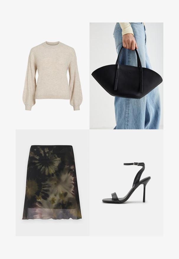 Beige ribbestrikket genser med høy rund hals og ballongermer. Teksturert stoff med mykt utseende. Klassisk passform, uten synlige pynteelementer.; Knelang skjørt med mørkt tie-dye mønster i svart, brunt og beige toner, med en lett flare og gjennomsiktig bunnkant.; Svarte høyhælte sandaler med en slank ankelrem og to fremre bånd. Laget av glatt lær med en glatt, spiss tå og stiletthæl.; Svart skinnveske med en unik vifteform, med flate håndtak. Overflaten har en pebblelignende tekstur og et minimalistisk design.