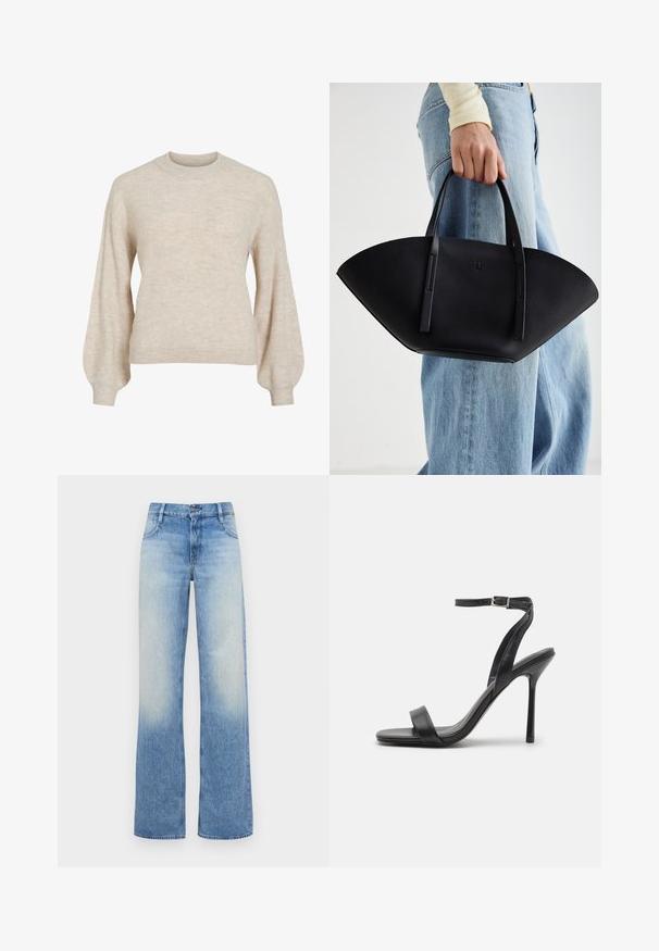 Beige resoilla varustettu neule, jossa korkea pyöreä kaulus ja pullistuvat hihat. Kankaan pinta on teksturoitu ja näyttää pehmeältä. Klassinen malli ilman näkyviä koristeita.; Vaaleansiniset korkeavyötäröiset väljät farkut, joissa on kulunut pinta. Varustettu viidellä taskulla ja napilla vyötäröllä.; Musta korkokenkä, jossa on kapea nilkkaremmi ja kaksi etuosa-bandiä. Valmistettu sileästä nahasta, jossa on tyylikäs teräväkärkinen muotoilu ja stiletto-korko.; Musta nahkainen käsilaukku, jossa on ainutlaatuinen tuulihattukuvio, jossa on litteät kahvat. Pinnassa on karkeapintainen rakenne ja minimalistinen muotoilu.