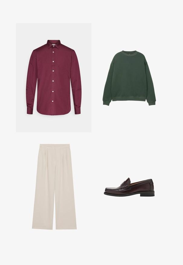 Felpa verde scuro con scollo rotondo, maniche lunghe e polsini a costine. Realizzata in un tessuto morbido e testurizzato con un design a vestibilità rilassata.; Camicia bordeaux a maniche lunghe con bottoni, realizzata in cotone, con colletto classico, bottoni bianchi e orlo curvo. Texture liscia, vestibilità aderente.; Pantaloni beige a gamba larga con parte frontale liscia, pieghe e vita elastica. Realizzati in un tessuto leggero con una consistenza morbida.; Mocassini in pelle marrone con punta arrotondata, cuciture decorative sulla parte anteriore e suola in gomma piatta per supporto e durata.