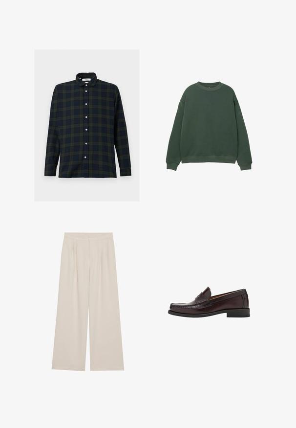 Felpa verde scuro con scollo rotondo, maniche lunghe e polsini a costine. Realizzata in un tessuto morbido e testurizzato con un design a vestibilità rilassata.; Camicia a maniche lunghe a quadri in verde scuro e blu navy, realizzata in cotone, con colletto all'italiana e patta dei bottoni frontale.; Pantaloni beige a gamba larga con parte frontale liscia, pieghe e vita elastica. Realizzati in un tessuto leggero con una consistenza morbida.; Mocassini in pelle marrone con punta arrotondata, cuciture decorative sulla parte anteriore e suola in gomma piatta per supporto e durata.