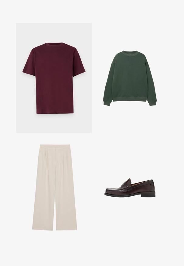 Tmavozelená mikina s okrúhlym výstrihom, dlhými rukávmi a rebrovanými manžetami. Vyrobená z mäkkej, textúrovanej látky s voľným strihom.; Burgundská bavlnená tričko s krátkymi rukávmi, okrúhlym výstrihom a hladkou textúrou. Jednoduchý dizajn bez vzorov alebo ďalších detailov.; Béžové nohavice s širokými nohavicami, plochým predným dielom, zaťahovacími záhybmi a elastickým pásom. Vyrobené z ľahkého materiálu s hladkou textúrou.; Hnedé kožené mokasíny s okrúhlou špičkou, dekoratívnym prešívaním vpredu a plochou gumovou podrážkou pre podporu a odolnosť.