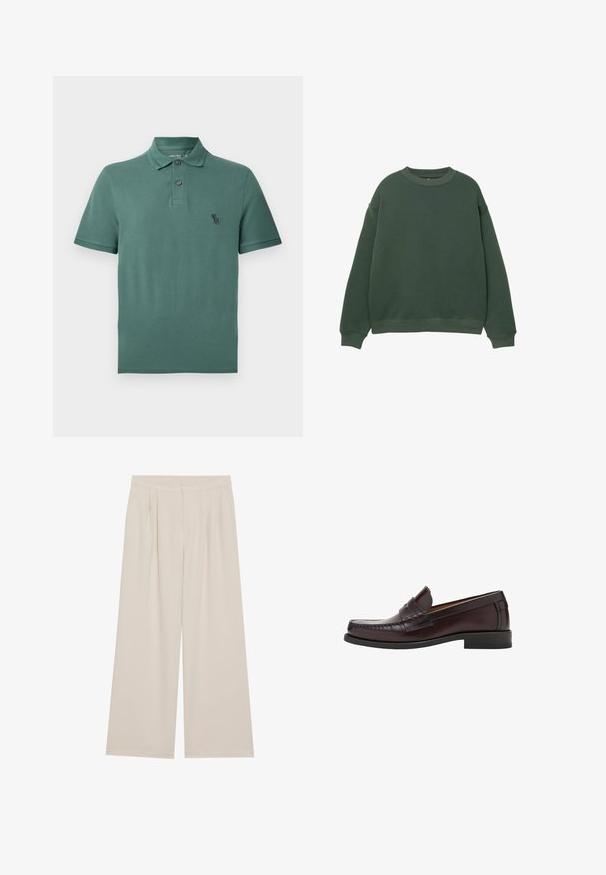 Tummanvihreä collegepaita, jossa on pyöreä kaula-aukko, pitkät hihat ja resorit. Valmistettu pehmeästä, tekstuuripinnasta, jossa on rento istuvuus.; Vihreä puuvillapoolopaita, jossa on kauluksen muotoinen pääntie, kaksi nappia ja pieni musta logo rinnassa. Lyhyet hihat ja suora helma.; beige levelevi treggingsit, me pjesë të sheshta përpara, harkime dhe brez elastiç. E bërë nga një pëlhurë të lehtë me një teksturë të lëmuar.; Ruske nahkasaapad ümarate varvastega, esiküljel dekoratiivne tikand ja lapik kummitald toetuse ja vastupidavuse tagamiseks.