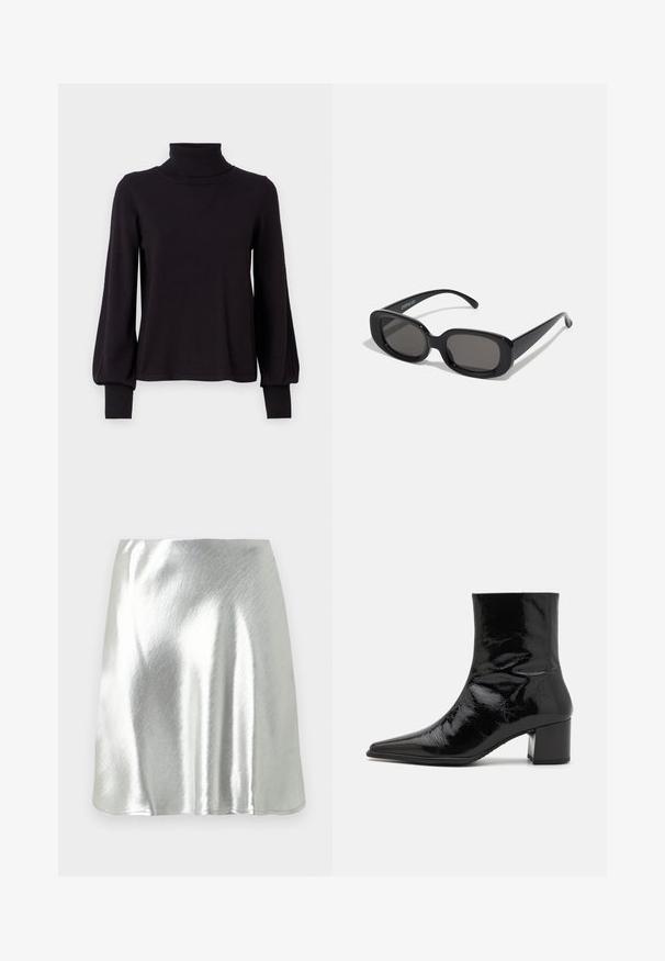 VILA VIAMANDA TURTLE NECK - Džemper - black; Hõbedase metallilise viimistlusega mini-seelik, millel on sile tekstuur ja kergus sära. Omaduseks on lehvikukujuline disain ja lihtne, puhas lõigatud ääreline.; Mustad musta lakknaha ankeletikk, millel on terav nina, struktureeritud ülemine osa ja paks konts. Omab siledat ja läikivat pinda.; Mustkunstlikud mustad ruudukujulised prillid tumedate läätsedega. Paks plastikkorpus, sile tekstuur ja ümarad servad. Moodsad templeid ulatuvad välja.; Must kollane kott, millel on kaarjas hobo kuju, tekstuurne kangas ja hõbedased studid. Üksik ülemine sang, tõmbluku sulgemine ja pehme siluett.