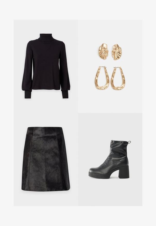 VILA VIAMANDA TURTLE NECK - Strikkegenser - black; Svart skinnminiskjørt med en glatt, teksturert finish. Har en tettsittende midje og rene linjer som fremhever det elegante designet.; Svarte ankelstøvler laget av glatt lær, med glidelås på siden, chunky strukturert hæl, og rund tå-design.; Gullfargede øredobber med teksturerte, bølgete former. Inkluderer skulpturelle klipsstuds og åpen hoop-design med en hamret finish.