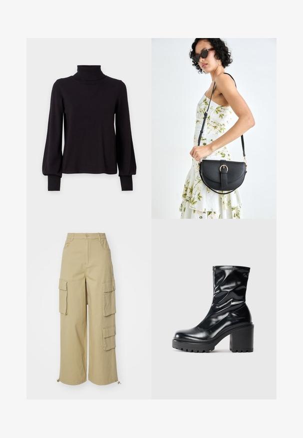 VILA VIAMANDA TURTLE NECK - Trui - black; Beige cargobroek met wijde benen, twee grote zijzakken, voorzakken en een koorddetail bij de zoom. Gemaakt van een katoenmix.; Zwarte leren laars tot halverwege de kuit met een stevige blokhak en geribbelde zool, afgebeeld in profil op een effen lichte achtergrond.; Zwarte leren handtas met een gebogen vorm, afneembare schouderband en gouden hardware. De tas heeft een klep met een gespsluiting.