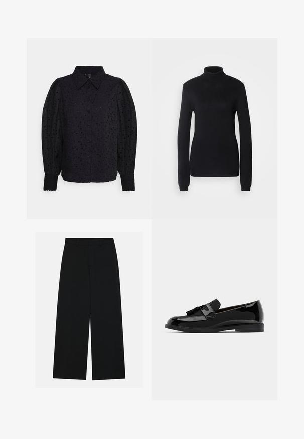 Suéter de gola alta preto feito de um tecido de malha suave, com mangas longas e uma silhueta ajustada, apresentando um colarinho e bainha canelados.; YAS BLICCO - Blusa - black; Calças pretas de perna larga feitas de um tecido suave. Apresentam uma cintura plana com passantes para cinto e sem bolsos visíveis. Design simples.; Mocassins pretos em couro verniz com salto baixo, apresentando um detalhe em franja e superfície lisa, desenhados com um bico arredondado e costura subtil.