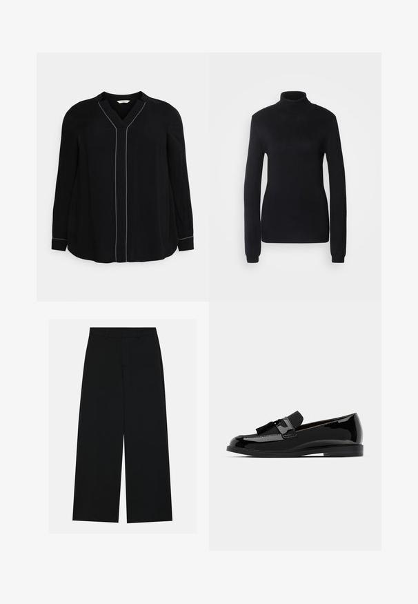 Suéter de gola alta preto feito de um tecido de malha suave, com mangas longas e uma silhueta ajustada, apresentando um colarinho e bainha canelados.; MY TRUE ME TOM TAILOR Blusa - deep black; Calças pretas de perna larga feitas de um tecido suave. Apresentam uma cintura plana com passantes para cinto e sem bolsos visíveis. Design simples.; Mocassins pretos em couro verniz com salto baixo, apresentando um detalhe em franja e superfície lisa, desenhados com um bico arredondado e costura subtil.