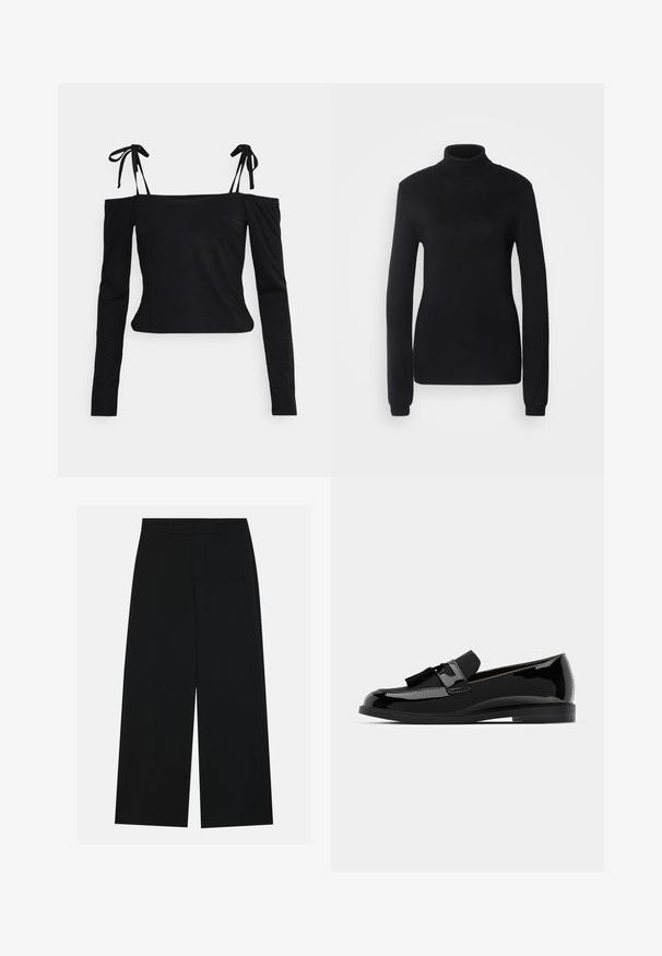 Suéter de gola alta preto feito de um tecido de malha suave, com mangas longas e uma silhueta ajustada, apresentando um colarinho e bainha canelados.; NA-KD BOW DETAIL - Camisola de manga comprida - black; Calças pretas de perna larga feitas de um tecido suave. Apresentam uma cintura plana com passantes para cinto e sem bolsos visíveis. Design simples.; Mocassins pretos em couro verniz com salto baixo, apresentando um detalhe em franja e superfície lisa, desenhados com um bico arredondado e costura subtil.