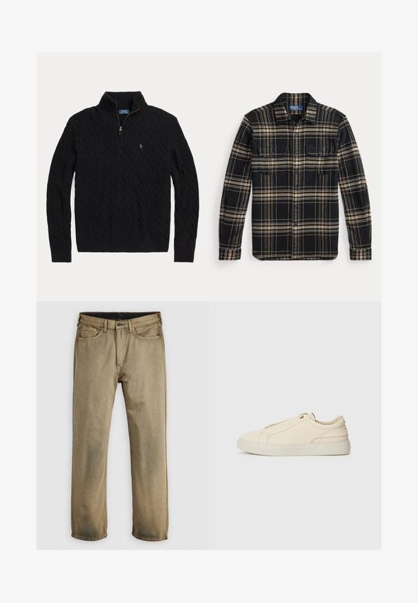 Czarny sweter w splot warkoczowy z półzamkiem, żebrowanymi mankietami i małym haftowanym logo na piersi. Wykonany z teksturowanego materiału.; Koszula flanelowa w kratę w czarno-brązowe wzory, z długimi rękawami, dwoma kieszeniami na piersi i zapięciem na guziki, charakteryzująca się miękką fakturą i kontrastującymi wzorami.; Beżowe dżinsy o prostym kroju z pięcioma kieszeniami, z zapięciem na guzik i szlufkami na pasek, rozłożone na białym tle.; Beżowe skórzane sneakersy z zaokrąglonym noskiem, minimalistycznym designem, subtelnymi przeszyciami i teksturowaną cholewką, na jasnej podeszwie.