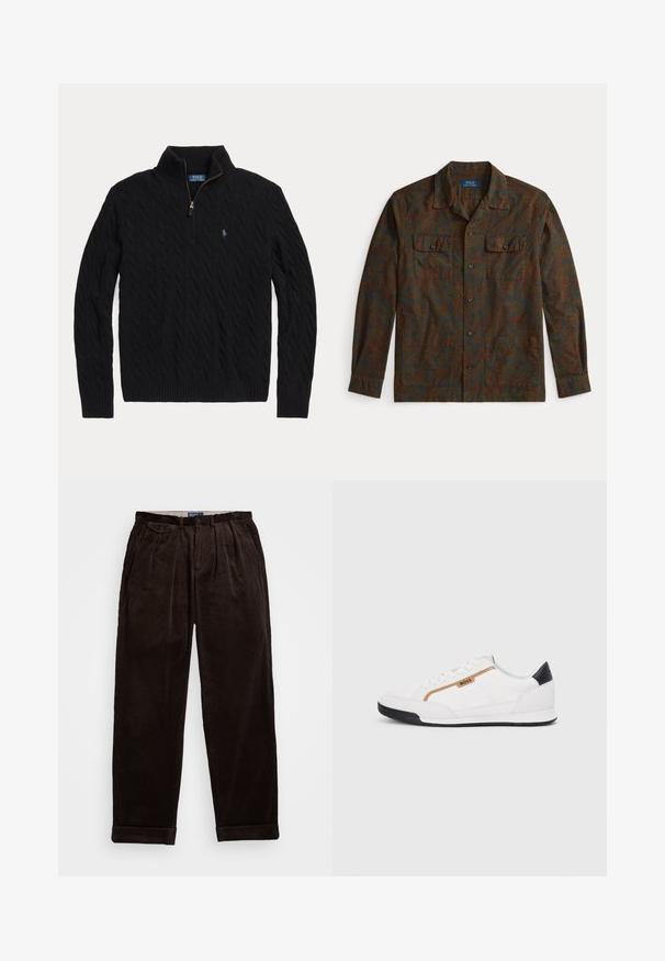 Sweater preto de malha com fecho de meio zíper no colarinho, punhos canelados e um pequeno logótipo bordado no peito. Confeccionado em material texturizado.; Camisa de manga longa em padrão paisley nas cores verde escuro e marrom. Apresenta colarinho, dois bolsos frontais e fechos de botão. Tecido com textura suave.; Calças de corduroy castanho-escuro com um corte relaxado, apresentando pregas na frente e punhos dobrados na barra. Textura suave e design robusto.; Tênis atléticos brancos com detalhes em malha e couro. Apresenta um logotipo dourado "BOSS", painéis laterais texturizados e um capô de calcanhar preto. Sola em borracha.