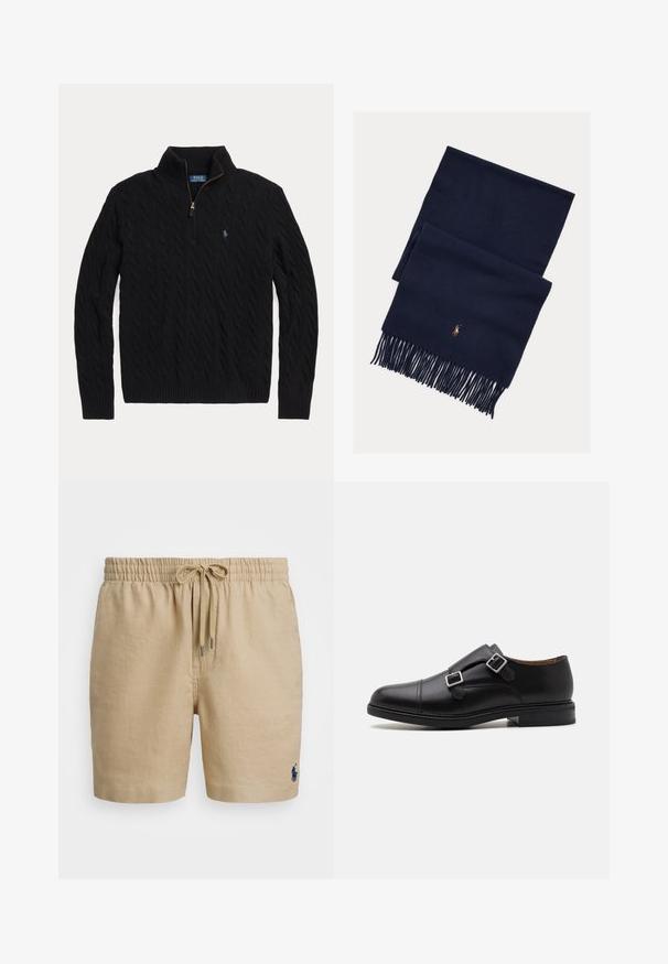 Juodas megztinis su pynėmis, pusiau užtrauktuku, raukšlėtomis rankogaliais ir maža siuvinėta logotipu ant krūtinės. Pagamintas iš tekstūruotos medžiagos.; Juodas švarkas, pagamintas iš lengvos medžiagos, su užtrauktuku priekyje, taškais ir kairėje krūtinės pusėje esančia kišene su logotipu. Ilgos rankovės su rankogalių detalėmis.; Bežinės lininės šortai su elastinga juosta, raišteliu ir mėlynu siuvinėtu logotipu apatiniame dešiniajame šone. Minkšta tekstūra, laisvalaikio dizainas.; Juodos odinės batų suknelės su dviem sagtimis, apvaliu nosiu, subtiliu siuvinėjimu ir plokščiu, tekstūriniu guminio padu.; Tamsiai mėlynas vilnonis šalikas su kutais ir subtiliu oranžiniu siuvinėtu logotipu. Lygios tekstūros, stačiakampio formos ir minimalistinio dizaino.
