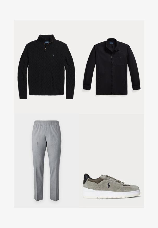 Čierny sveter s pletenou textúrou a polovičným zipsom na golieri, s rebrovými manžetami a malým vyšitým logom na hrudi. Vyrobené z textúrovaného materiálu.; Čierna bunda vyrobená z ľahkej tkaniny, so zipsom vpredu, bodovým golierom a ľavou náprsnej vreckom s logom. Dlhej rukávy s detailom na manžetách.; Sivé, tkané nohavice s elastickým pásom, rovný strih a záhyb na prednej strane. Textúra látky sa zdá byť hladká a ľahká.; Sivá semišová teniska s textúrovaným zvrškom, kontrastnou čiernou pätou, bielou podrážkou a vyšívaným logom. Dizajn so šnurovaním a šiestimi dierkami.