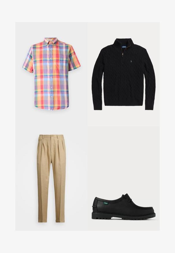 Juodas megztinis su pynėmis, pusiau užtrauktuku, raukšlėtomis rankogaliais ir maža siuvinėta logotipu ant krūtinės. Pagamintas iš tekstūruotos medžiagos.; Trumpas rankovėmis marškiniai su daugiabangiu languotu raštu, turintys mygtukus, mygtukų apykaklę ir vieną krūtinės kišenę. Pagaminta iš lengvos medžiagos.; Bežinės lininės kelnės tiesaus kirpimo, turinčios dvi priekinės klostes, sagų užsegimą ir šonines kišenes. Tekstūruotas audinys su lygiu paviršiumi.; Juodas odinis batelis su mažu profiliu, apvaliu pirštu ir tekstūruotu padu. Yra žalias "POLO" ženkliukas ir kontrastinga siuvimo juostelė palei kraštą.