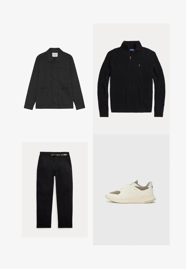 Czarny sweter w splot warkoczowy z półzamkiem, żebrowanymi mankietami i małym haftowanym logo na piersi. Wykonany z teksturowanego materiału.; Czarna kurtka z kołnierzykiem, z zapięciem na guziki z przodu, dwiema naszytymi kieszeniami i długimi rękawami. Wykonana z gładkiego materiału.; Czarne spodnie wykonane z lekkiego materiału, z elastycznym paskiem wbudowanym w zielony pas, prostą nogawką oraz bocznymi kieszeniami.; Białe i jasnobeżowe sneakersy sportowe, z siateczkową cholewką, perforowanymi detalami oraz teksturowaną podeszwą śródstopia z brandingiem na pięcie.