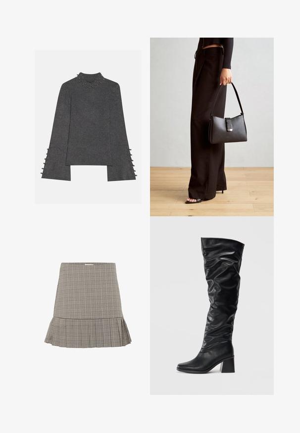 Turte gri cu dungi, cu mânecă lungă, având un guler înalt cu studs decorative, mâneci deschise cu accente de nasturi și o croială dreaptă.; Fustă gri cu carouri, cu un tiv evazat, care prezintă un design subtil plisat și o talie ajustată. Fabricată dintr-un material ușor.; Botine negre, cu lungimea până la genunchi, fabricate din piele lucioasă, cu un design lejer, vârf ascuțit și toc gros. Textură netedă cu o strălucire subtilă.; Genți negre cu o formă structurată, textură netedă și un închizător metalic. Asortată cu pantaloni negri largi și sandale cu vârf deschis pe un podea din lemn.