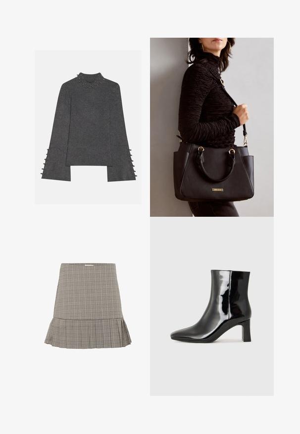 Grijze geribbelde langemouwen top met een hoge kraag versierd met studs, open mouwen met knoopaccenten, en een recht model.; Grijze geruite rok met een uitlopende zoom, voorzien van een subtiel geplooid ontwerp en een aansluitende taille. Gemaakt van lichtgewicht stof.; Zwarte gepolijste leren enkellaars met een spitse neus en een blokhak van gemiddelde hoogte. Glad textuur en minimalistisch ontwerp.; Zwarte handtas met gestructureerd oppervlak, dubbele bovenhandvatten en verstelbare schouderriem. Voorzien van goudkleurige hardware en zijzakken.