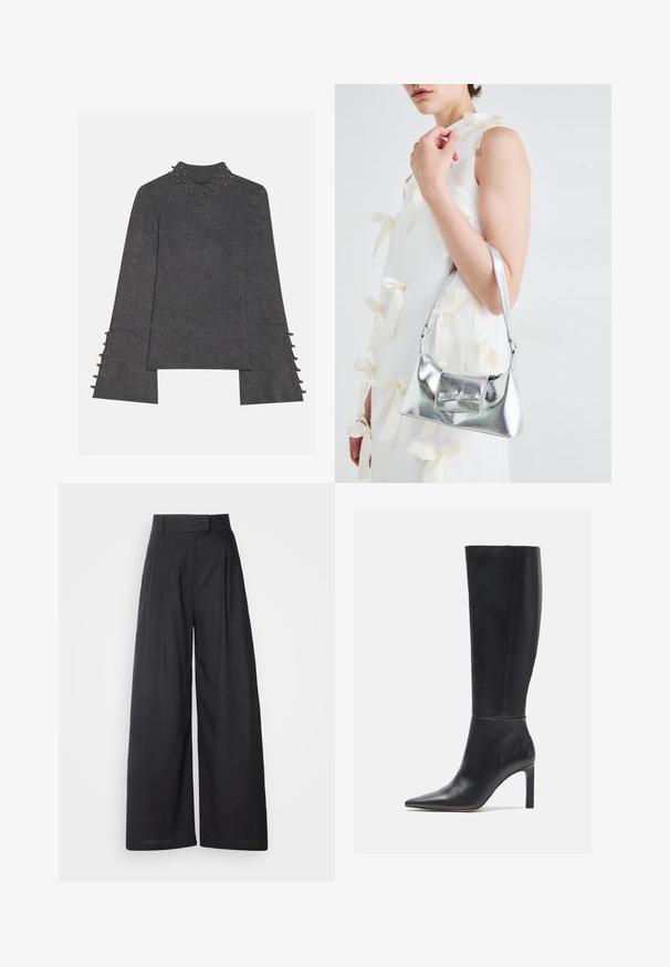Gray ribbed long-sleeve top featuring a high collar with decorative studs, open sleeves with button accents, and a straight cut.; Dark, wide-leg trousers with a structured waistband and pleats. Made of lightweight fabric, featuring a smooth texture and no visible patterns.; Knee-high black leather stiletto boots with a pointed toe and smooth texture, featuring a sleek design and minimal stitching detail.; Silver metallic handbag with a structured shape, featuring a top handle and bow detail on the front. Smooth texture, reflective finish.