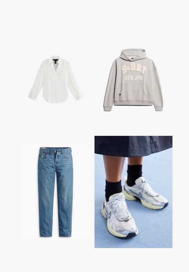 Superdry & Co ATHLETIC ESSENTIALS  - Sweatshirt - grey marl; White button-up shirt, long sleeves, two front pockets, collar, and a smooth, lightweight fabric. Features rounded hem and cuffed sleeves.; Blue denim jeans with a straight-leg fit, featuring a zip fly, two front pockets, and subtle fading throughout the fabric.; White and silver Nike sneakers with mesh fabric, reflective accents, and a beige sole. Worn with black socks, standing on a blue surface.