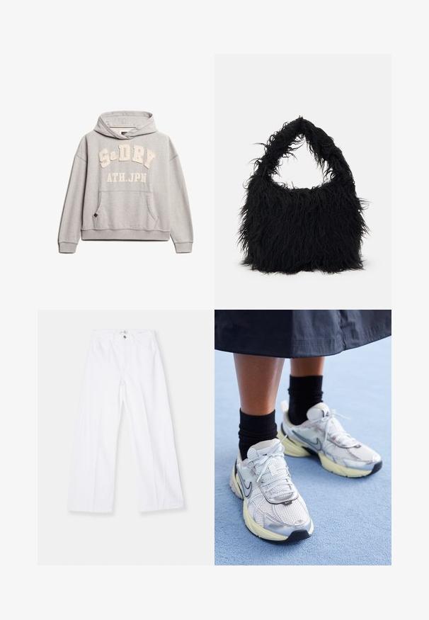 Superdry & Co ATHLETIC ESSENTIALS - Sweater - grey marl; FRAME BAGGY PALAZZO - Wide leg - white; Witte en zilveren Nike sneakers van meshstof, met reflecterende accenten en een beige zool. Gedragen met zwarte sokken, staand op een blauwe ondergrond.; Even&Odd Shopper - black