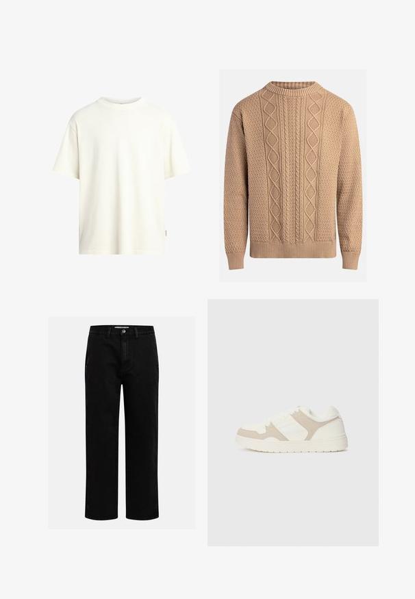 Pull en tricot beige avec des motifs texturés. Il présente un col rond, des poignets côtelés et des designs de tricot en câble variés sur le devant.; T-shirt à manches courtes et col rond en écru, en coton doux, présentant une coupe droite et un design minimaliste sans motifs.; Pantalons en denim noir avec une coupe droite, design classique à cinq poches et fermeture à bouton à la taille. Texture lisse et tissu durable.; Baskets blanches et beiges présentant une combinaison de textures lisses et en daim, un bout rond, un système de laçage et une semelle en caoutchouc plate.