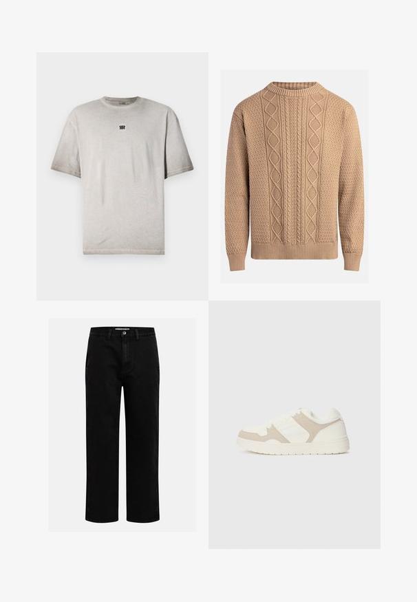 Adīts džemperis bēšā krāsā ar teksturētām zīmējumiem. Tam ir apaļa kakla izgriezums, ribotas piedurknes un dažādas kabelīšu adījumu dizaina formas priekšpusē.; Pelēks kokvilnas T-krekls ar apaļu kaklu, īsām piedurknēm un mazu melnu logotipu uz krūtīm. Gluda tekstūra, brīvs piegriezums un minimālists dizains.; Melni denim šorti ar taisnu kāju griezumu, klasiska piecu kabatu dizaina un pogas aizdari viduklī. Gluda tekstūra un izturīgs audums.; Baltas un bežs kedas ar gludu un zamšveida tekstūru apvienojumu, apaļu purngali, saiteņu aizdari un platu gumijas zoli.