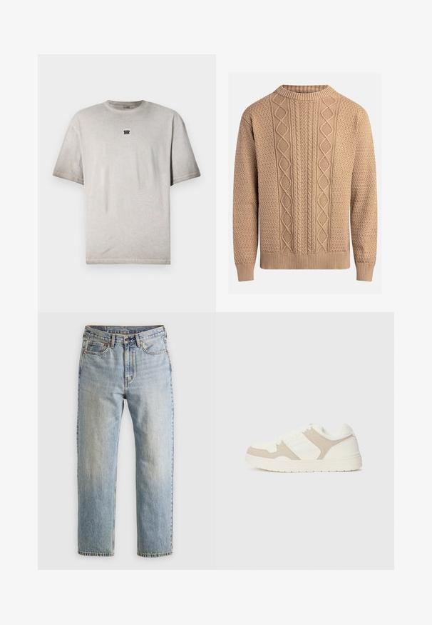 Beżowy sweter wykonany na drutach z teksturowanymi wzorami. Posiada okrągły dekolt, ściągacze przy mankietach oraz różnorodne wzory w warkocze na przodzie.; Szara bawełniana koszulka z okrągłym dekoltem, krótkimi rękawami i małym czarnym logo na piersi. Gładka faktura, luźny krój i minimalistyczny design.; Jasnoniebieskie dżinsy z wysokim stanem, z guzikiem z przodu, zamkiem błyskawicznym i pięcioma kieszeniami, ułożone na płasko na neutralnym tle.; Białe i beżowe sneakersy z połączeniem gładkich i zamszowych faktur, okrągłym noskiem, sznurowanym zapięciem oraz płaską gumową podeszwą.