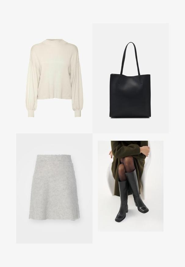 Off-white, skrajšan pulover z rebrasto teksturo, dolgimi puhovimi rokavi in visokim ovratnikom. Mehka tkanina z sproščenim krojem.; Svetlo siva pletena krila izdelana iz mehkega materiala, ki ima razširjen kroj in rahlo teksturirano površino, ter elastičen pas.; Črne usnjene čevlje do kolen s kvadratnim prstom in blok peto, prikazani na modelu, ki sedi v olivno zeleni plašču. Gladka tekstura, minimalne podrobnosti.; Črna usnjena torba s svilnato teksturo, pravokotne oblike in dvema dolgima ročajema. Brez vidnih metalnih delov ali okrasnih elementov.